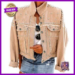 Long Sleeve Studded Denim Jacket Western Chic Casual Loose Fit Button Up